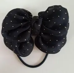 ヘアゴム　リボン　黒　ブラック　ゴールド　金　ドット　水玉　シフォン素材　透け感