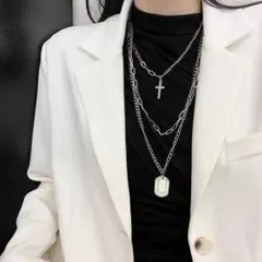 ネックレス 3連 クロス プレート チェーン ユニセックス シルバー 重ね付け