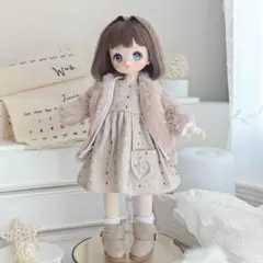 1/6ドール用服 2点セット BJD ファーコート ドット ワンピース 秋冬