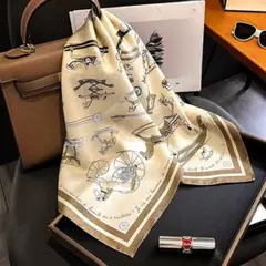 シルク100% スカーフ 馬柄 ホース 大判 ベージュ ブラウン 上品 高級感
