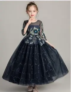 ネイビー花柄刺繍Aラインドレス140