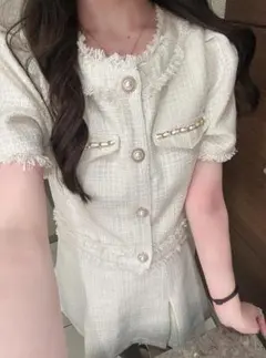 ノーカラーフリンジジャケット×フレアミニスカートツイードセットアップpm770