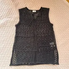 黒 メッシュ編み ノースリーブニットベスト