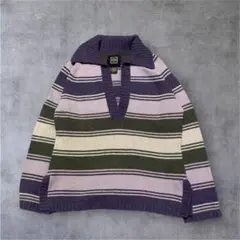 EddieBauerレディースニット ハーフジップ ボーダー 紫 L Y2K