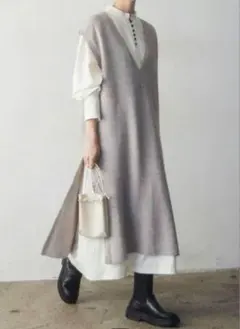 美品☆エシカ 配色ステッチボタン ロングワンピース M ニットジレ 2点セット