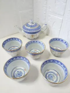 中国　慶徳鎮　蛍手　赤絵金彩　茶器セット