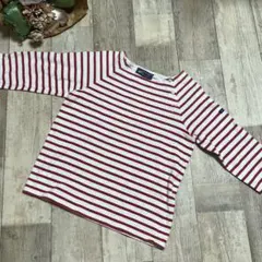 SAINT JAMES 白赤ストライプ 五分袖Tシャツ　前ボタン