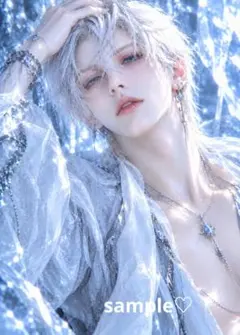 氷晶の白銀男子 銀髪×青い瞳 幻想男子 A4 AIアート