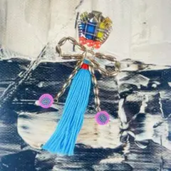 ハンドメイド　チェック　ゴールド　リボン　ブルー　タッセル　片耳用イヤリング