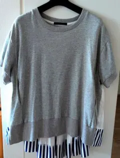 【PaulineBleu（ポリーヌブロー）】グレー プリーツ付き 半袖カットソー