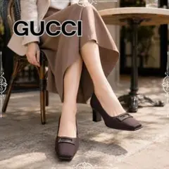 GUCCI グッチ Gロゴ スクエアトゥ パンプス サテン ブラウン 35.5のサムネイル