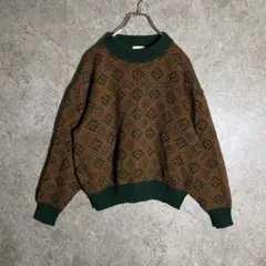 【希少】ヴィンテージ総柄ニット モノグラム 短丈 セーター グリーン オレンジ