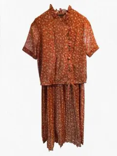 ワンピース レトロ 半袖 花柄 赤 赤茶 くすみ 春 夏 薄手 昭和レトロ