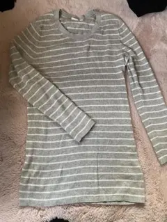 リブ編み長袖Tシャツ グレーとホワイトストライプ