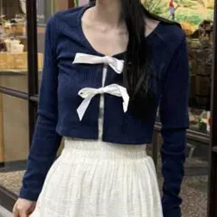 nugu ヌグ　リボン付きクロップドカーディガン　黒ブラック　アウトレット品