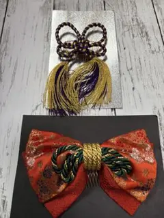 和装 着物 レトロ風　髪留め 髪飾り コーム リボン （レッド、紫）　2点セット