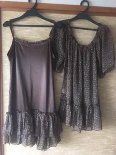 Natural mist 花柄半袖セットアップ　ブラウン　フレアチュニック