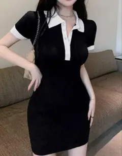 リブ編みポロシャツスタイルミニワンピース
