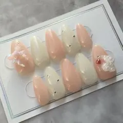量産ネイルチップ ピンク、ホワイト、韓国、可愛い、リボン、クマ
