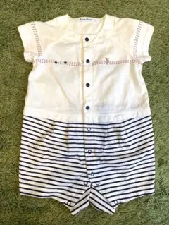 familiar ボタン付き白×ストライプロンパース