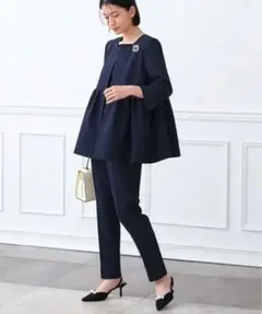 ルイルエ♡ノーカラータックギャザーへプラムスリムパンツスーツ♡ネイビー♡M