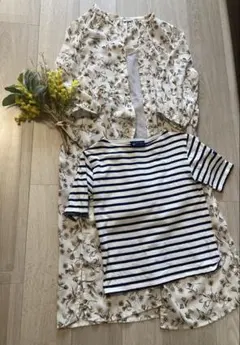 花柄ロングシャツとストライプTシャツセット
