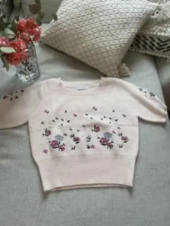 花柄刺繍 半袖ニットセーター Mサイズのサムネイル