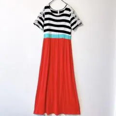 ロングワンピース ボーダー レース 半袖 切替ワンピース マキシ丈 レトロ　古着