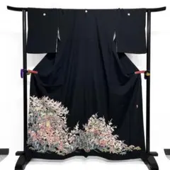黒留袖 アンティーク 金駒刺繍 金彩 鶴 扇 松竹梅 着物 014b d ms