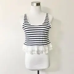 SLY☆ショート丈　ヘソ出しボーダータンクトップ　フリルレース　ノースリーブ