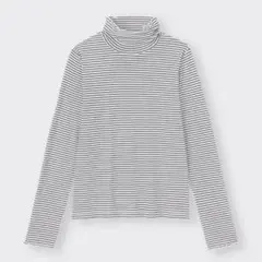 【GU】ソフトリブタートルネックT(長袖)(ボーダー)