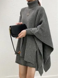 【美品】アシンメトリーポンチョ×ミニワンピースニットセットアップ