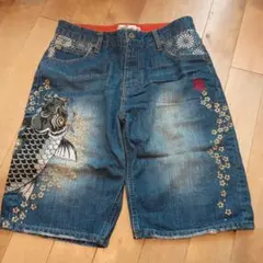 絡繰魂 和柄 鯉 刺繍 デニム ハーフパンツ 30インチのサムネイル