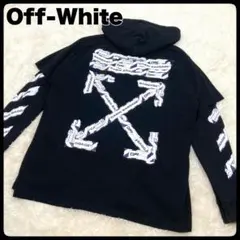 希少！美品✨ オフホワイト パーカー プルオーバー 黒 デカロゴ 裏起毛 M オフホワイトOff-White 正規品 DIAG STENCIL SLIM