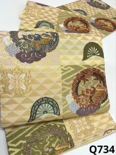 唐織 龍 袋帯 変わり市松 金糸 正絹 六通 Q734のサムネイル