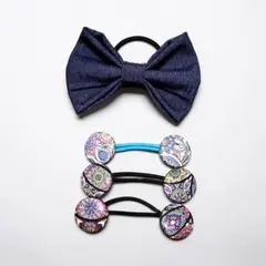 GalaxyStoneデニムビックリボンとくるみボタンヘアゴムセットNo.128