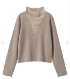 COCODEAL異素材切替シフォンレイヤードハイネックニットトップスライトカーキ