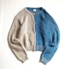 6 ロク ベージュ・青ニットカーディガン