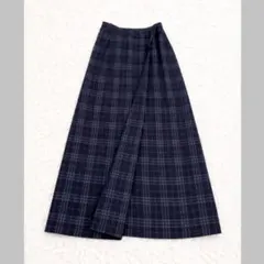 バーバリーロンドン チェック柄 ロング ラップスカート ネイビー ウール