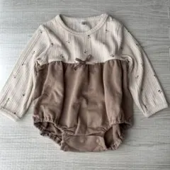 さくらんぼ柄　アイボリー/ブラウン　長袖ロンパース　70cm