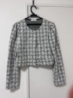 ノーカラー白黒チェックジャケット