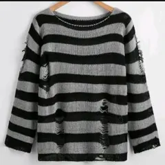 SHEIN ストライプ ダメージ 長袖ニットセーター L サブカル系統