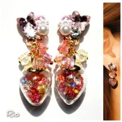 春ピンク カラフル ビーズ ガラスチャーム ビジュー♥イヤリング【No.169】