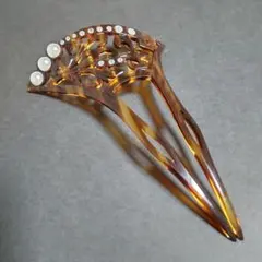 バチ型かんざし べっ甲風 パール ラインストーン装飾