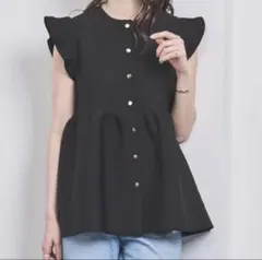 ペプラムフリルスリーブニットベスト　ブラック