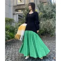 【FRAY I.D】ジャガードカーヴィースリーブニットワンピース 長袖 ブラック