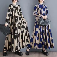 シャツワンピース　ブルー　長袖　ドット　ストライプ柄　レトロ