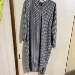 アルファベットアルファベットストライプ柄 長袖シャツワンピース グレー