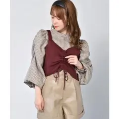 ems excite ニットビスチェ+チェックブラウスSET（ボルドー）