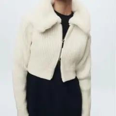 ZARA ファー襟付き ジップアップニット ホワイト